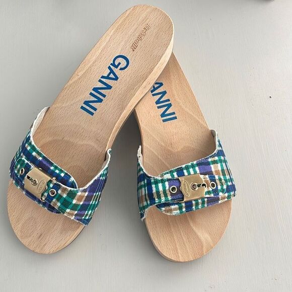 Ganni Dr Scholl’s Wooden Clogs in Check Blue Iris Size 10 New - Picture 1 of 11